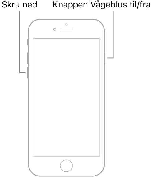 En illustration af iPhone 7 med skærmen opad. Knappen Lydstyrke ned vises på venstre side af enheden, og knappen Vågeblus til/fra vises på højre side.