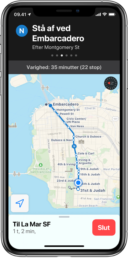 Et kort over en rute med offentlig transport i San Francisco. Et rutekort øverst på skærmen viser instruktionen “Exit train at Embarcadero”.