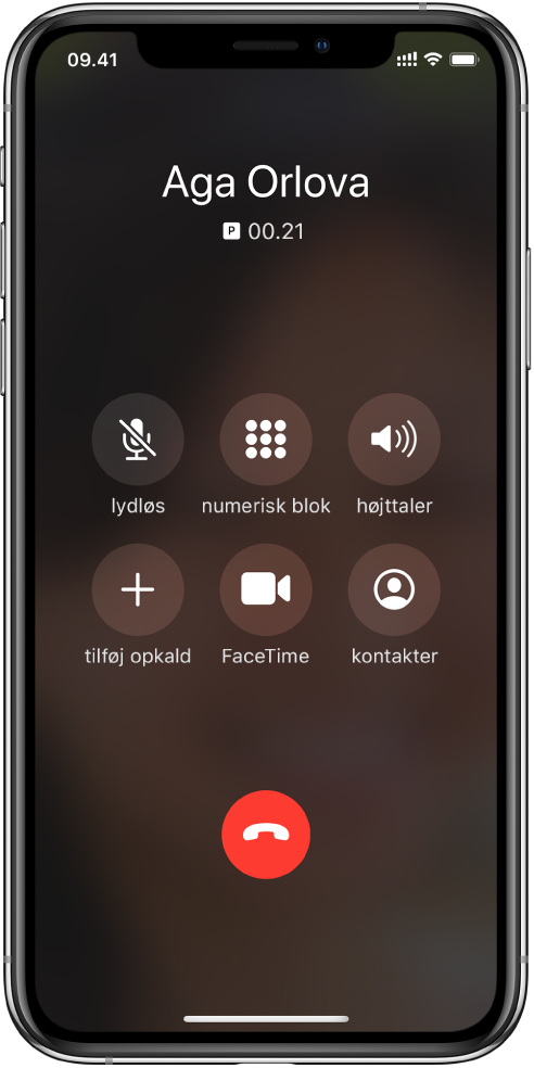 Telefonskærmen, der viser knapper til kommandoer, når du taler i telefon. I øverste række fra venstre til højre findes knapperne til lydløs, numerisk blok og højttaler. I nederste række fra venstre til højre findes knapperne til tilføjelse af opkald, FaceTime og kontakter.