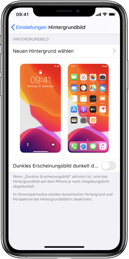 Der Bildschirm mit den Einstellungen für den Hintergrund mit der Taste zum Auswählen eines neuen Hintergrundbilds oben und den Darstellungen des Sperr- und des Home-Bildschirms mit ihren aktuellen Hintergrundbildern.