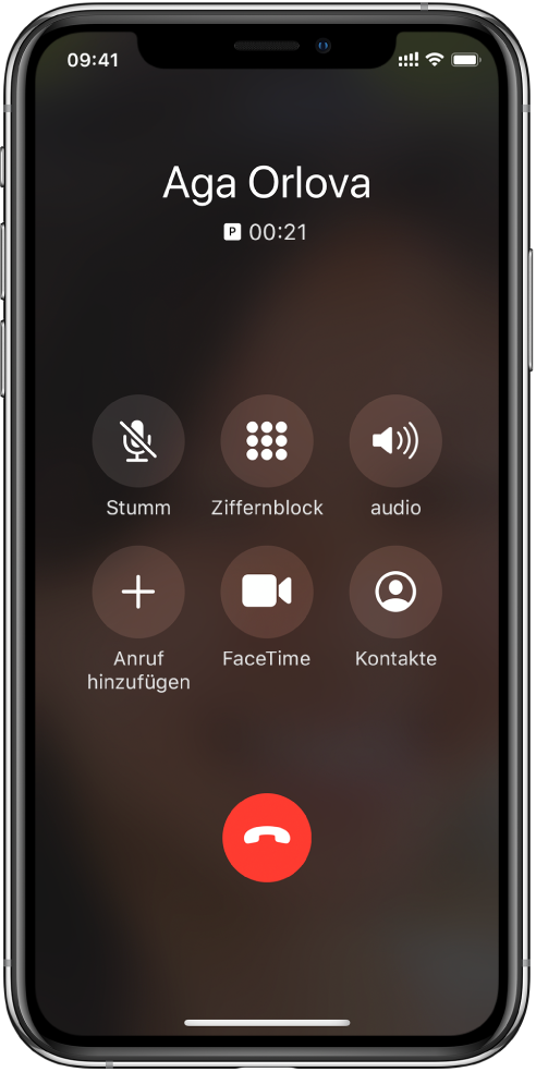 iPhone-Bildschirm mit den während eines Telefonats verfügbaren Tasten und Optionen. Oben befinden sich von links nach rechts die Tasten „Stummschalten“, „Ziffernblock“ und „Lautsprecher“. Unten befinden sich von links nach rechts die Tasten „Anruf hinzufügen“, „FaceTime“ und „Kontakte“.