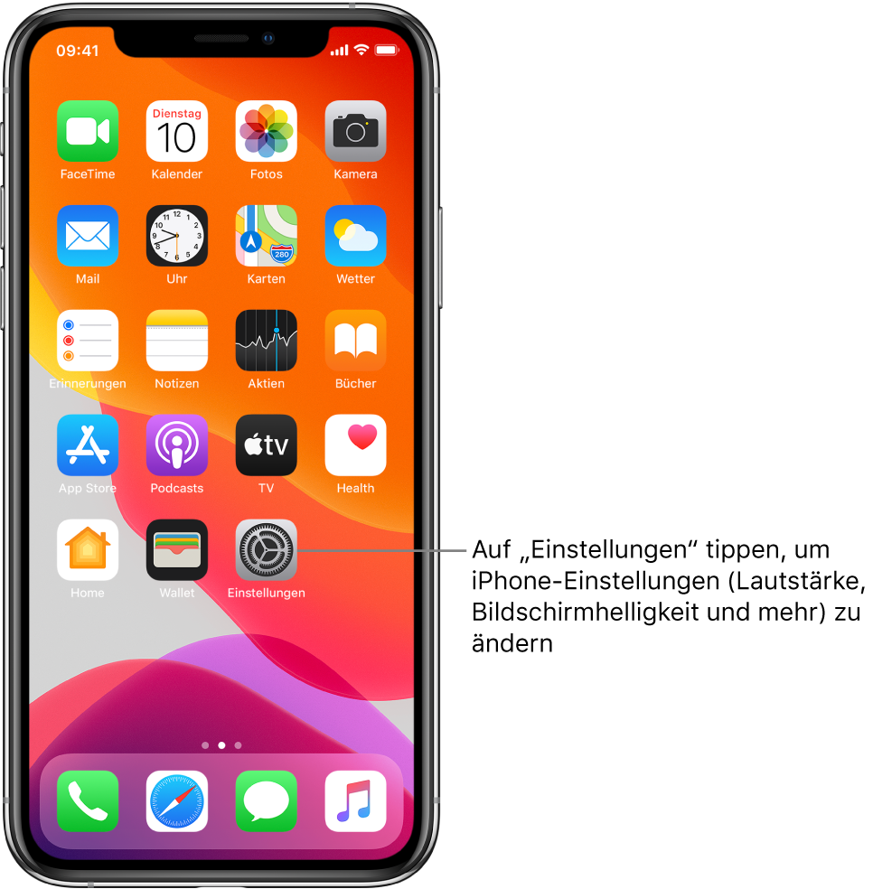 Der Home-Bildschirm mit mehreren Symbolen, unter anderem mit dem Symbol der App „Einstellungen“, in der du Einstellungen wie die Lautstärke und die Bildschirmhelligkeit für das iPhone ändern kannst.