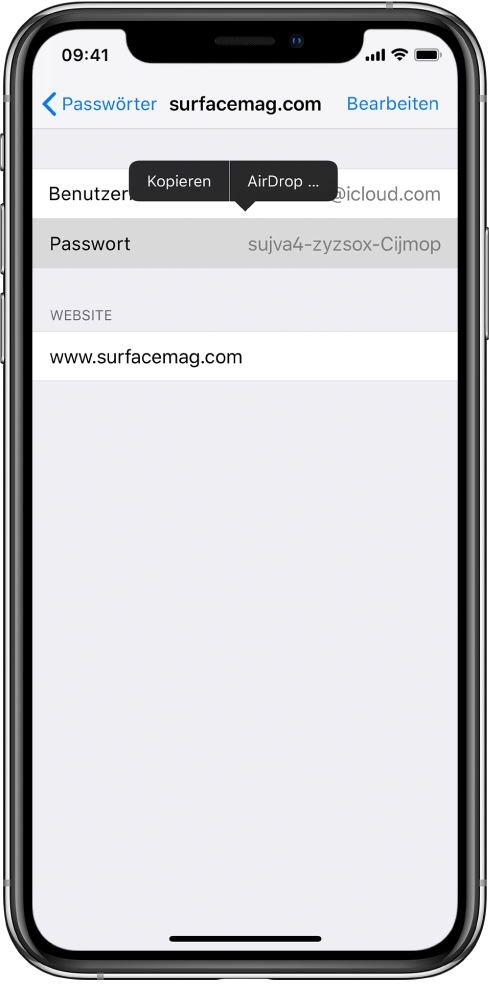 Der Accountbildschirm für eine Website. Der Passwortbereich ist ausgewählt und darüber ist ein Menü mit den Optionen „Kopieren“ und „AirDrop“ zu sehen.