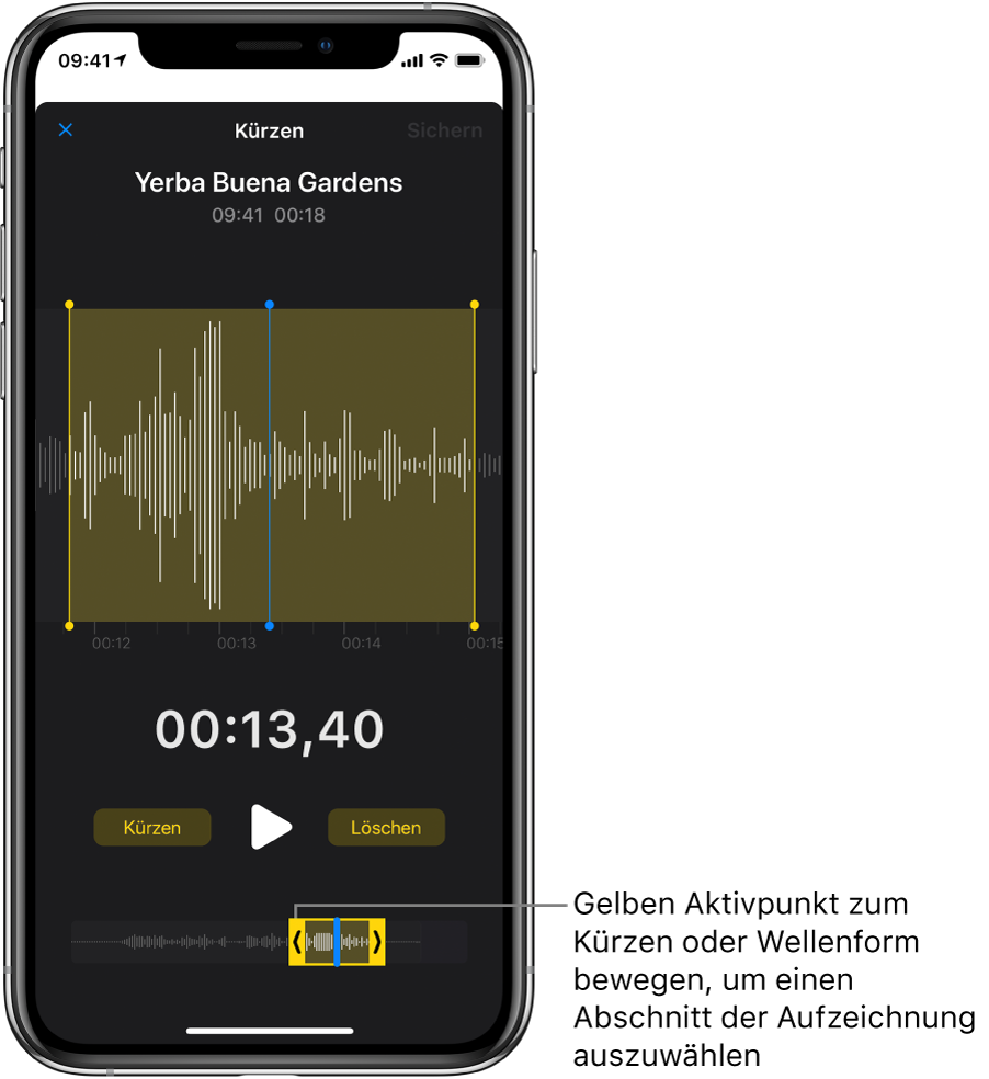 Unten auf dem Bildschirm sind die zu kürzende Aufnahme mit den beiden Aktivpunkten links und rechts einer Sequenz der Wellenform zu sehen. Über der Wellenform werden die Taste „Wiedergabe“ und der Timer für die Aufnahme angezeigt. Die Aktivpunkte befinden sich unterhalb der Taste „Wiedergabe“.