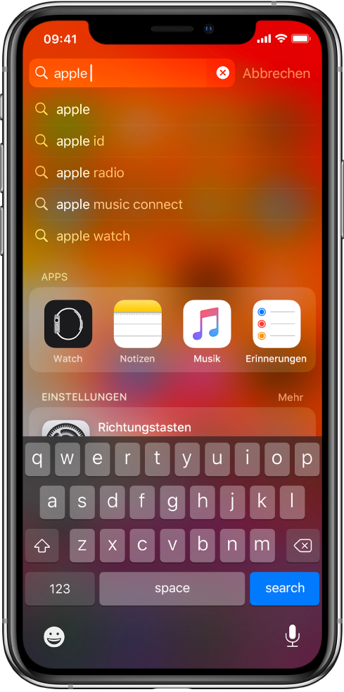 Ein Bildschirm mit einer Suche auf dem iPhone. Oben ist das Suchfeld mit dem Suchbegriff „apple“ zu sehen, darunter sind die Suchergebnisse zu sehen, die den gesuchten Begriff enthalten.