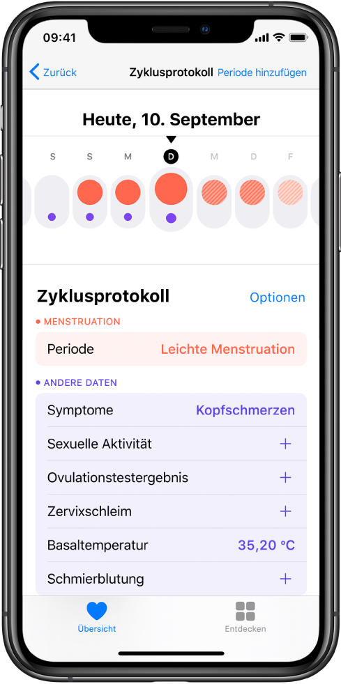 Der Bildschirm „Zyklusprotokoll“ in der App „Health“.