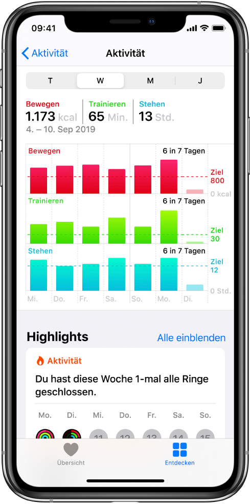 Ein Bildschirm mit Details der Kategorie „Aktivität“