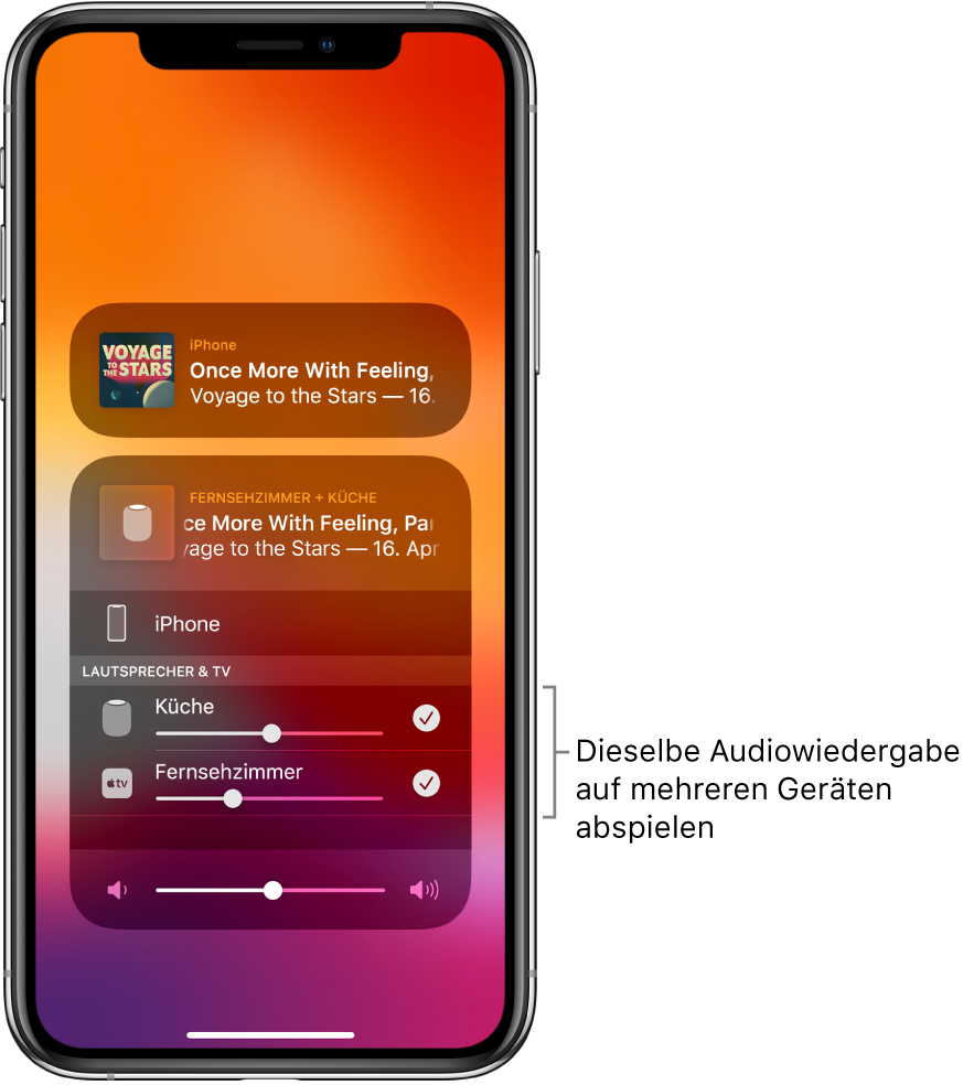 Der iPhone-Bildschirm zeigt HomePod und Apple TV als ausgewählte Audioziele.