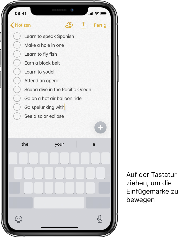 Eine Notiz, die nach dem Umwandeln der Tastatur in ein Trackpad bearbeitet wird. Die Tastatur wird grau dargestellt und gibt dadurch zu erkennen, dass sie jetzt als Trackpad fungiert.