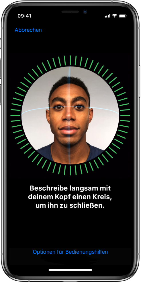 Der Bildschirm zum Einrichten der Face ID-Erkennung. Auf dem Bildschirm ist ein Gesicht in einem Kreis zu sehen. Der Text darunter fordert dich auf, den Kopf langsam zu bewegen, um den Kreis zu schließen.