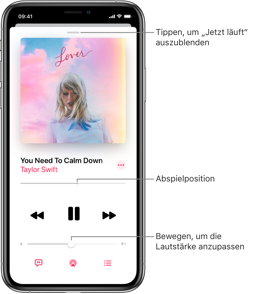 Bildschirm „Jetzt läuft“ mit dem Cover eines Albums. Darunter befinden sich die Namen der Musiktitel, des Künstlers, die Taste „Mehr“, die Abspielposition, die Bedienelemente für die Wiedergabesteuerung, der Lautstärkeregler, die Taste „Liedtext“, die Taste „Wiedergabeziel“ und die Taste „Nächster Titel“. Die Taste zum Ausblenden des Bildschirms „Jetzt läuft“ ist ganz oben.