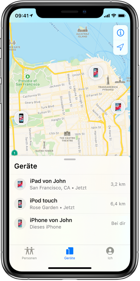 In der Geräteliste befinden sich drei Geräte: Hannas iPad, Hannas iPod touch und Hannas iPhone. Ihre Standorte werden auf einer Karte von San Francisco angezeigt.