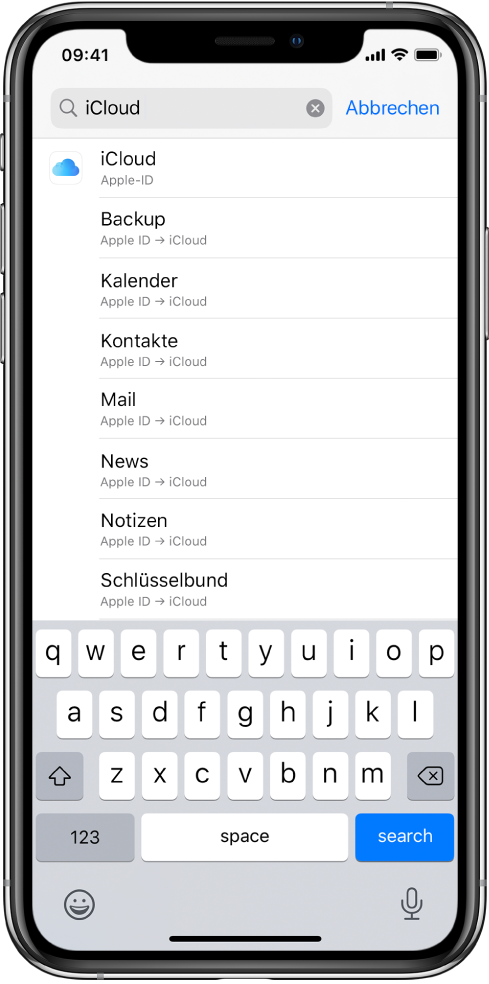 Der Bildschirm zum Suchen von Einstellungen mit dem Suchfeld oben. Im Suchfeld ist der Begriff „iCloud“ zu sehen. Die Liste darunter enthält die Einträge, in denen der Suchbegriff gefunden wurde.