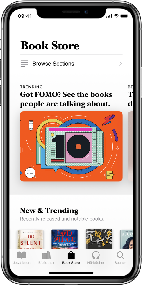 Ein Bildschirm des Book Store in der App „Bücher“. Unten auf dem Bildschirm sind von links nach rechts die Tabs „Jetzt lesen“, „Bibliothek“, „Book Store“, „Hörbücher“ und „Suchen“ zu sehen, wobei der Tab „Book Store“ ausgewählt ist. Auf dem Bildschirm sind auch Bücher verschiedener Kategorien zu sehen, die durchsucht und erworben werden können.