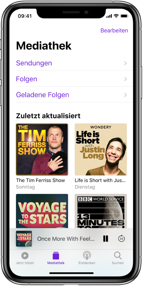 Der Tab „Mediathek“ mit kürzlich aktualisierten Podcasts.