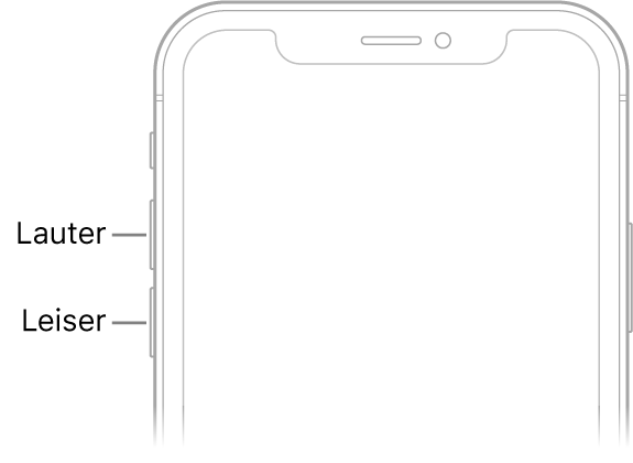 Oberer Teil der iPhone-Vorderseite mit den Lautstärketasten „Lauter“ und „Leiser“ oben links.