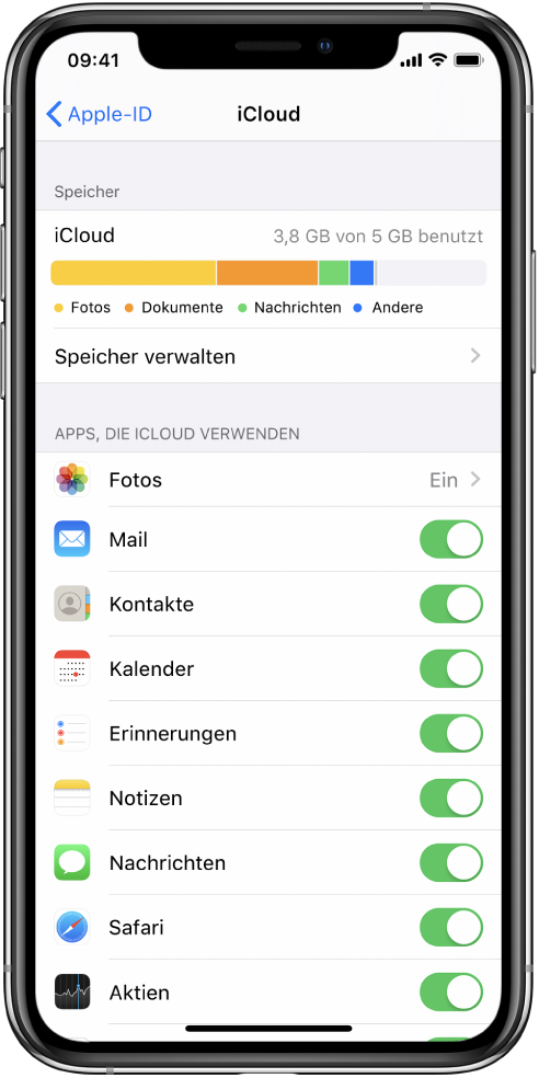 Bildschirm mit den iCloud-Einstellungen mit der Nutzungsanzeige für den iCloud-Speicher und einer Liste von Apps und Diensten wie „Mail“, „Kontakte“ und „Nachrichten“, die mit iCloud verwendet werden können.