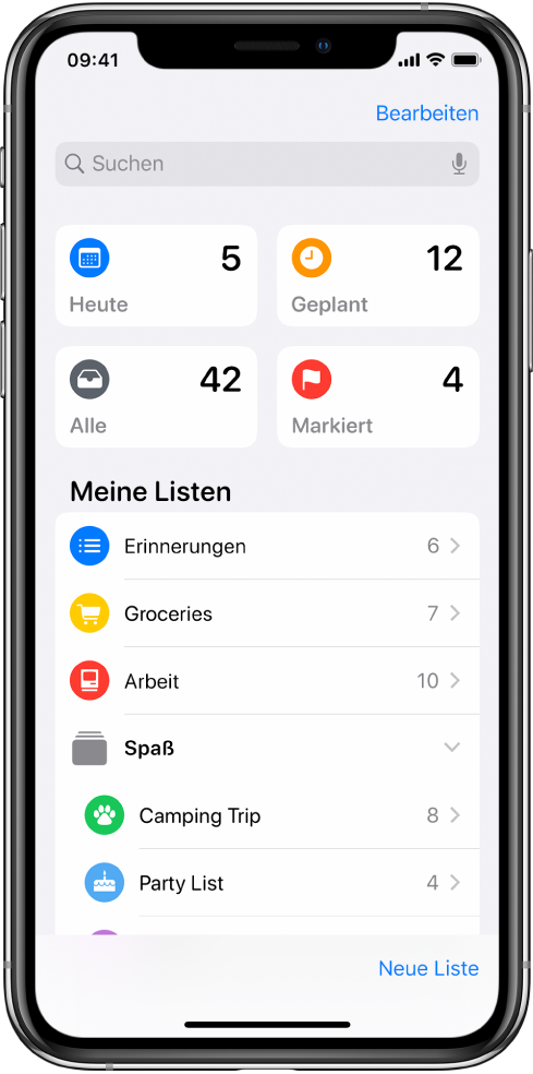 Ein Bildschirm der App „Erinnerungen“ mit verschiedenen Listen. Intelligente Listen werden über den heute fälligen, den geplanten und markierten Erinnerungen angezeigt. Die Taste „Neue Liste“ befindet sich unten rechts.