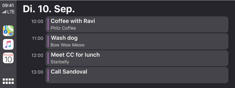 Eine Kalenderansicht in CarPlay, die 4 Ereignisse für Dienstag, den 10. September zeigt.