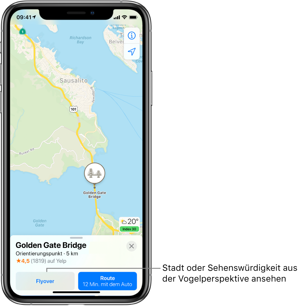 Eine Karte von San Francisco. Unten auf dem Bildschirm befindet sich eine Informationskarte für die Golden Gate Bridge mit einer Taste „Flyover“ links neben der Taste „Route“.