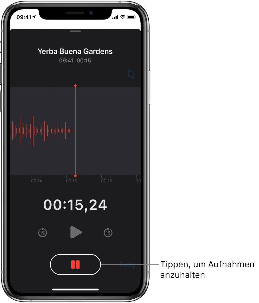 Ein Bildschirm der App „Sprachmemos“ bei laufender Aufnahme mit der aktiven Taste „Anhalten“ und den abgeblendeten Bedienelementen zum Starten der Wiedergabe, und zum Vor- und Zurückspringen um jeweils 15 Sekunden. Den meisten Raum nehmen die Wellenform der laufenden Aufnahme und die Zeitanzeige ein.