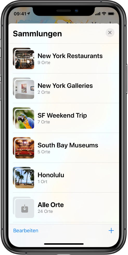 In der App „Karten“ ist eine Liste von Sammlungen zu sehen. Hierbei handelt es sich von oben nach unten um Sammlungen für Restaurants in New York, Galerien in New York, einen Wochenendtrip nach SF, Museen in der South Bay, Honolulu und „Alle Orte“. Unten links ist die Taste „Bearbeiten“ und unten rechts die Taste „Hinzufügen“.