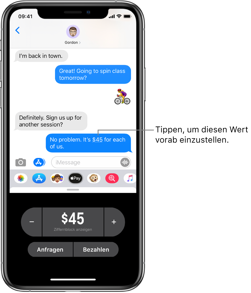 Eine iMessage-Konversation mit der geöffneten App „Apple Pay“ unten.