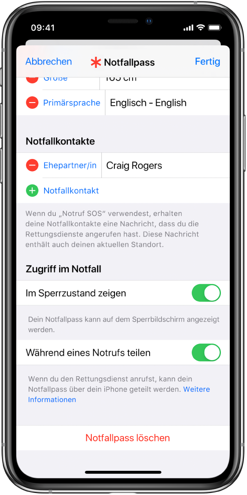 Ein Notfallpass-Bildschirm Unten befinden sich Optionen, mit denen dein Notfallpass angezeigt werden kann, wenn der iPhone-Bildschirm gesperrt ist und du einen Notruf absetzt.