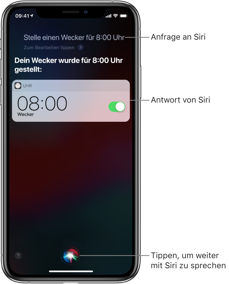 Der Siri-Bildschirm mit dem Befehl an Siri „Stelle einen Wecker für 8:00 Uhr“ und der Antwort von Siri, dass der Auftrag erledigt ist. Eine Mitteilung der App „Uhr“ zur Bestätigung, dass der Wecker auf 8:00 Uhr eingestellt wurde. Die Taste ganz unten in der Mitte dient dazu, die Konversation mit Siri fortzusetzen.