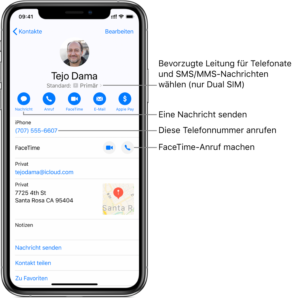 Der Informationsbildschirm für einen Kontakt. Oben werden das Foto und der Name des Kontakts angezeigt. Darunter befinden sich die Tasten zum Senden einer Nachricht, zum Tätigen eines Telefon- oder FaceTime-Anrufs sowie zum Senden einer E-Mail-Nachricht und von Geldbeträgen mit Apple Pay. Unter den Tasten sind die Informationen des Kontakts zu sehen.