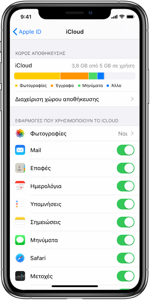 Η οθόνη ρυθμίσεων του iCloud που εμφανίζει τον μετρητή αποθήκευσης στο iCloud και μια λίστα εφαρμογών και δυνατοτήτων, συμπεριλαμβανομένων του Mail, των Επαφών και των Επαφών, οι οποίες μπορούν να χρησιμοποιηθούν με το iCloud