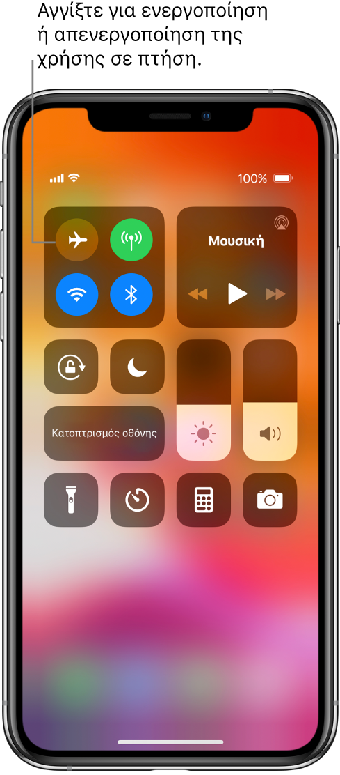 Η οθόνη του Κέντρου ελέγχου με μια επεξήγηση για το ότι το άγγιγμα στο κουμπί πάνω αριστερά ενεργοποιεί τη Χρήση σε πτήση.