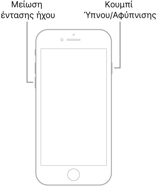 Εικόνα του iPhone 7 με την οθόνη στραμμένη προς τα πάνω. Το κουμπί μείωσης της έντασης ήχου βρίσκεται στην αριστερή πλευρά της συσκευής και το κουμπί Ύπνου/Αφύπνισης βρίσκεται στη δεξιά πλευρά.