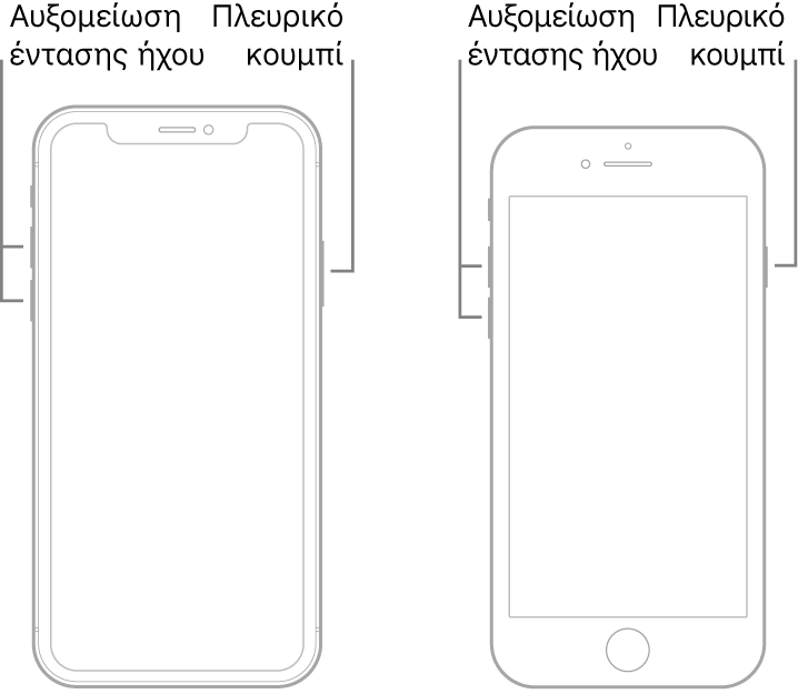 Εικόνες δύο μοντέλων iPhone με τις οθόνες στραμμένες προς τα πάνω. Το τέρμα αριστερά μοντέλο δεν έχει κουμπί Αφετηρίας και το τέρμα δεξιά μοντέλο έχει κουμπί Αφετηρίας κοντά στο κάτω μέρος της συσκευής. Και στα δύο μοντέλα, τα κουμπιά αύξησης και μείωσης της έντασης ήχου βρίσκονται στην αριστερή πλευρά της συσκευής και ένα πλευρικό κουμπί βρίσκεται στη δεξιά πλευρά.