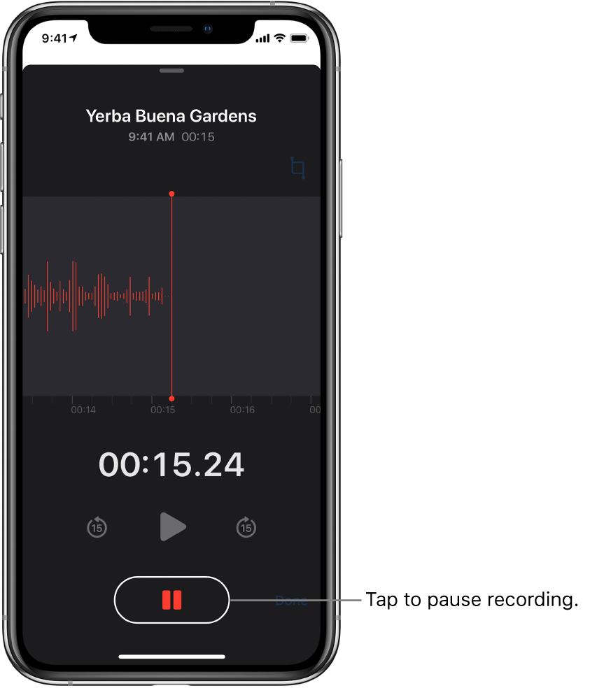 The Voice Memos screen showing a recording in progress, with an active Pause button and dimmed controls for playing, skipping forward 15 seconds, and skipping backward 15 seconds. The main part of the screen shows the waveform of the recording that’s in progress, along with a time indicator.