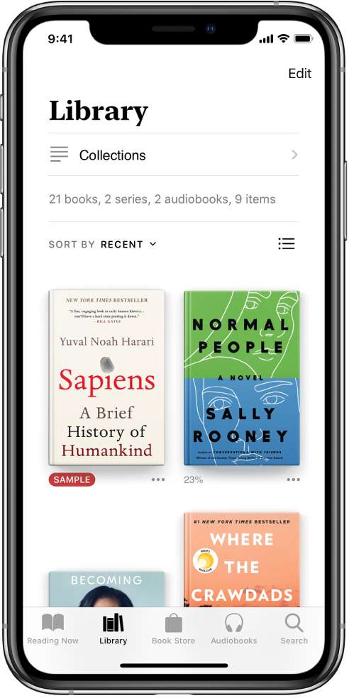The Library screen in the Books app. At the top of the screen is the Collections button and sorting options. The sort option Recent is selected. In the middle of the screen are covers of books in the library. At the bottom of the screen are, from left to right, the Reading Now, Library, Book Store, Audiobooks, and Search tabs.