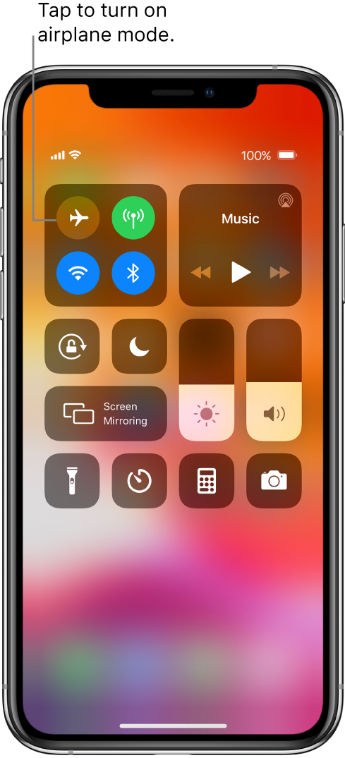 The Control Center screen with a callout explaining that tapping the top-left button turns on airplane mode.
