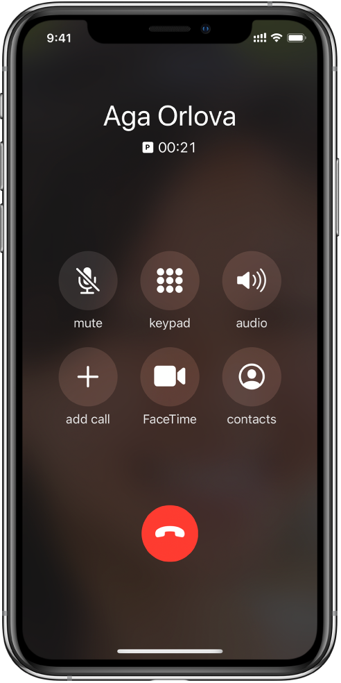 The Phone screen showing buttons for options while you’re on a call. In the top row from left to right are the mute, keypad, and speaker buttons. In the bottom row from left to right are the add call, FaceTime, and contacts buttons.