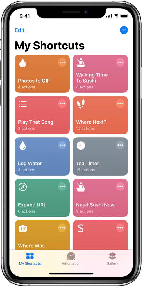 The My Shortcuts tab. A list of shortcuts to complete common everyday tasks such as setting a tea timer and finding a sushi restaurant. At the bottom are the Automation and Gallery tabs.