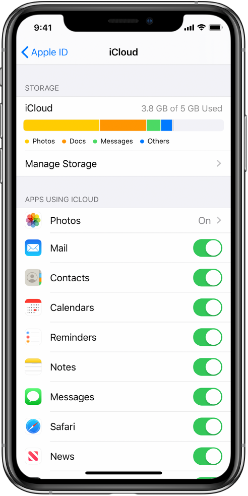The iCloud settings screen showing the iCloud Storage meter and a list of apps and features, including Mail, Contacts, and Messages, that can be used with iCloud.