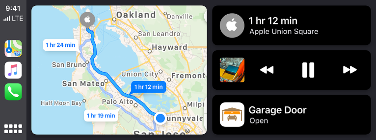 CarPlay Dashboard showing icons for Maps, Music, and Phone on the left, the map of a driving route in the middle, and three items stacked on the right. The top item on the right shows that the estimated travel time to Apple Union Square is 1 hour and 12 minutes. The middle item on the right shows media playback controls. The lower item indicates that the garage door is open.