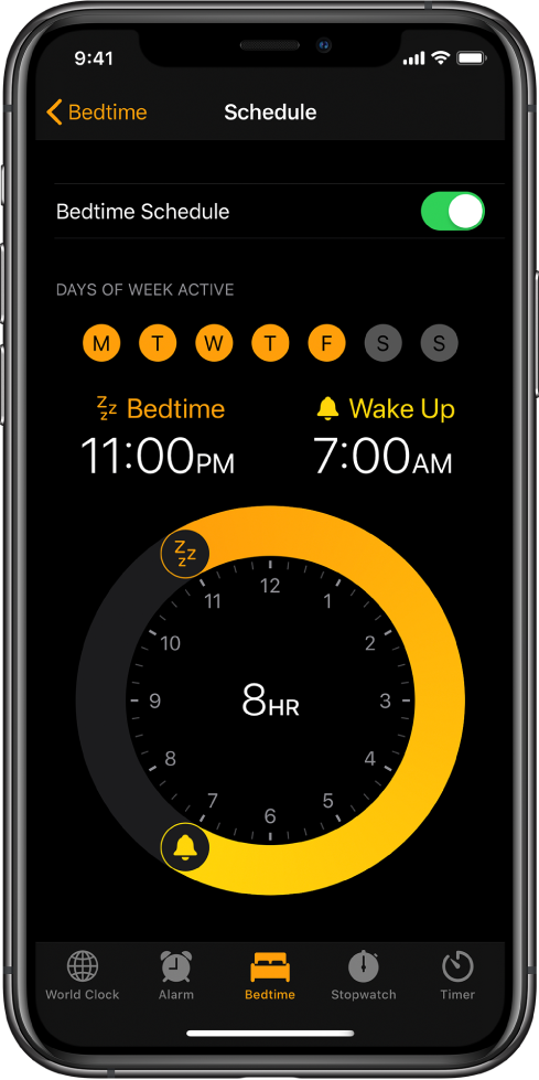 The Bedtime button is selected in the Clock app, showing the sleep time starting at 11:00 p.m. and the wake time set at 7:00 a.m.