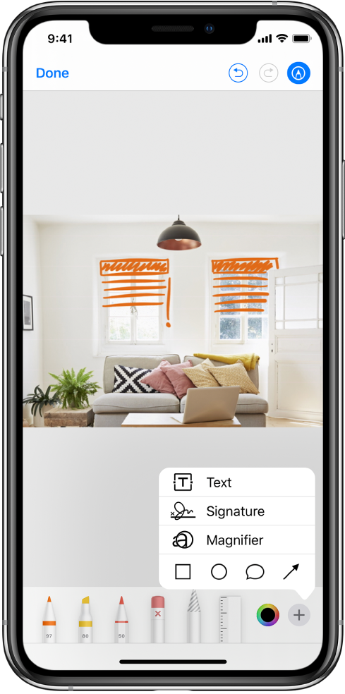 A photo is marked up with orange lines to indicate window blinds over windows. Drawing tools and the color picker appear at the bottom of the screen. A menu with choices for adding text, a signature, a magnifier, and shapes appears in the lower-right corner.