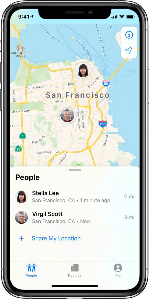There are two friends in the People list: Stella Lee and Virgil Scott. Their locations are shown on a map of San Francisco.