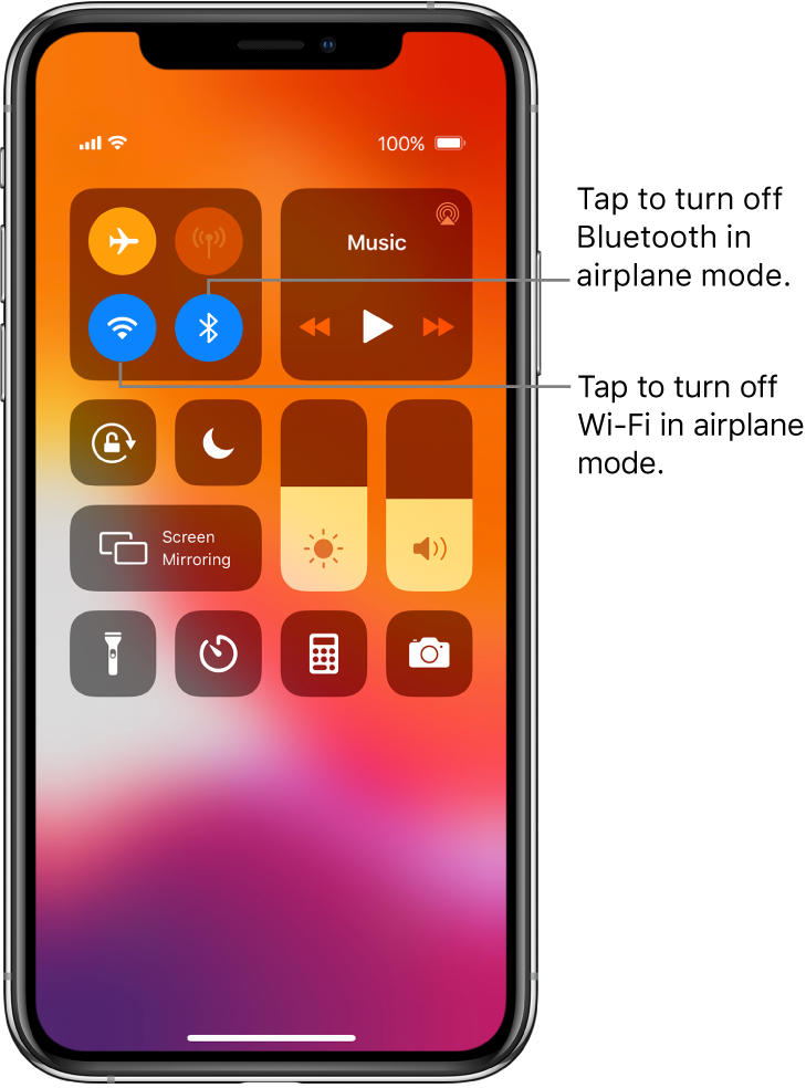 Control Center with airplane mode on, with callouts explaining that tapping the bottom-left button in the top-left group of controls turns off Wi-Fi and tapping the bottom-right button in that group turns off Bluetooth.