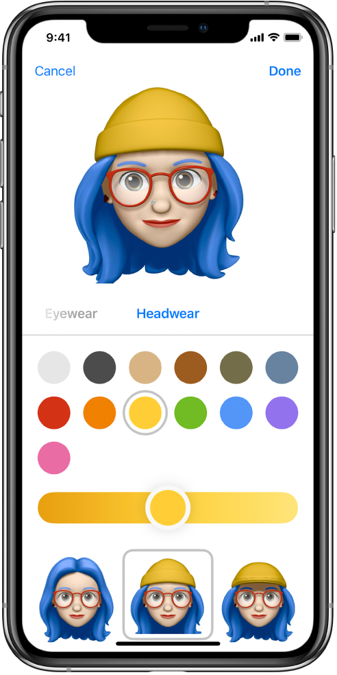 The create Memoji screen, showing the character being created at the top, features to customize below the character, then below that, options for the selected feature. The Done button is at the top right and the Cancel button is at the top left.