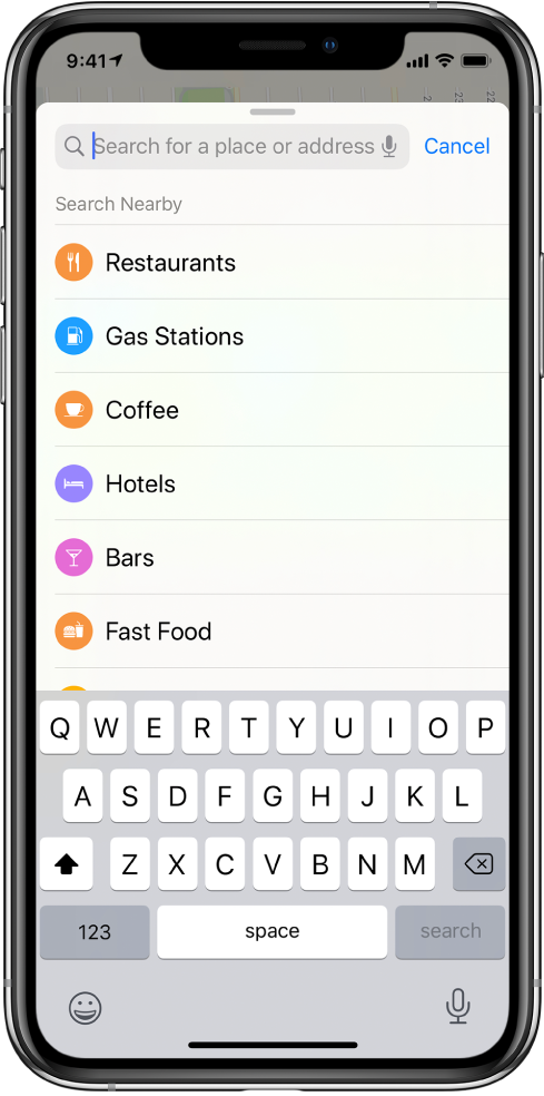 A list showing six services appears below the search field. The services are Restaurants, Gas Stations, Coffee, Hotels, Bars, and Fast Food.