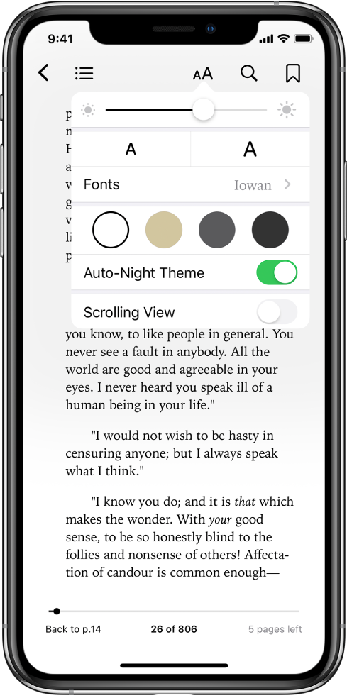 The appearance menu showing controls for, from top to bottom, brightness, font size, font, page color, auto-night theme, and scrolling view.