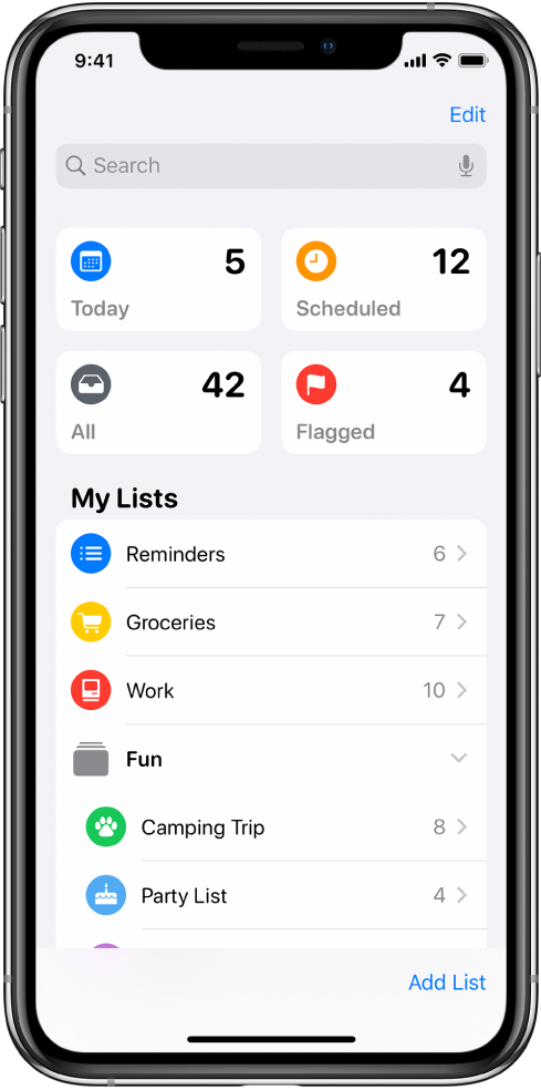 A screen showing several lists in Reminders. Smart lists appear at the top for reminders due today, scheduled reminders, and flagged reminders. The Add List button is at the bottom right.