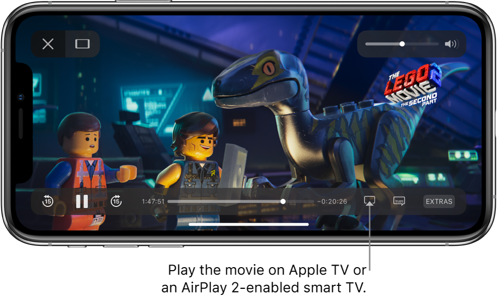 A movie playing on the iPhone screen. At the bottom of the screen are the playback controls, including the Screen Mirroring button near the bottom right.
